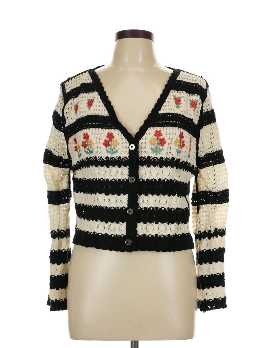 POL Floral Stripe Crochet Button-Front Cardigan Sweater - Black & Cream